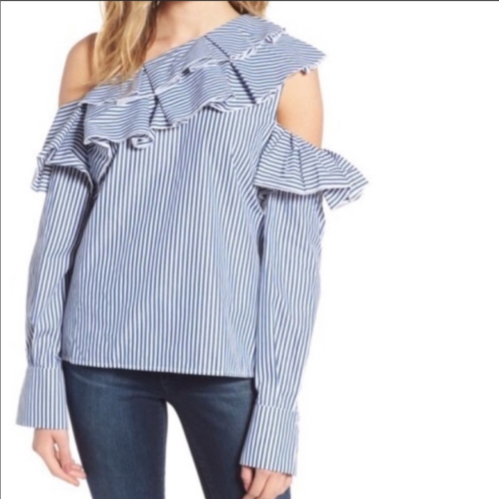 NWOT Leith Striped One Shoulder Ruffle Top